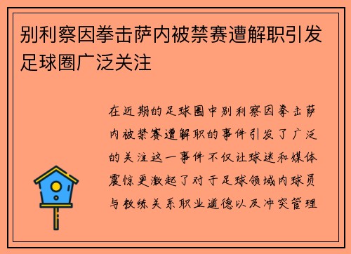 别利察因拳击萨内被禁赛遭解职引发足球圈广泛关注